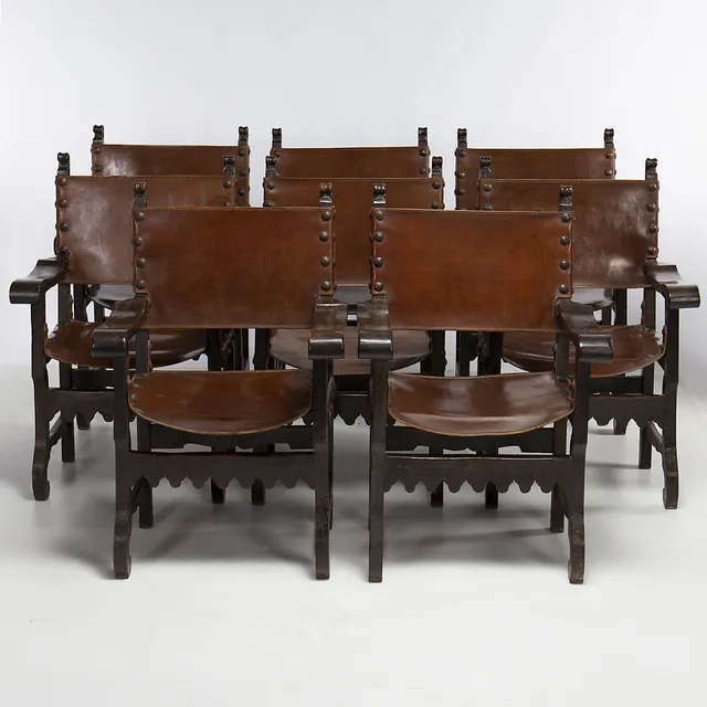 Set of eight Spanish friar armchairs in walnut, 17th Century.
