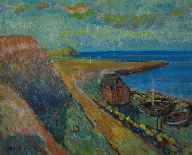 WILGOT LIND (1915-1996), "Vid bryggan, Särdal", signerad, olja på pannå.