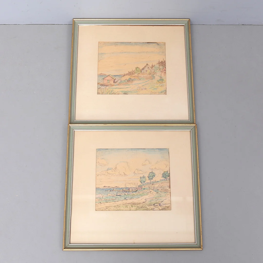 OTTO JANSSON. Blandteknik på papper, 2 st, skärgårdsmotiv, signerade. — Paintings — Auktionshuset Thelin & Johansson