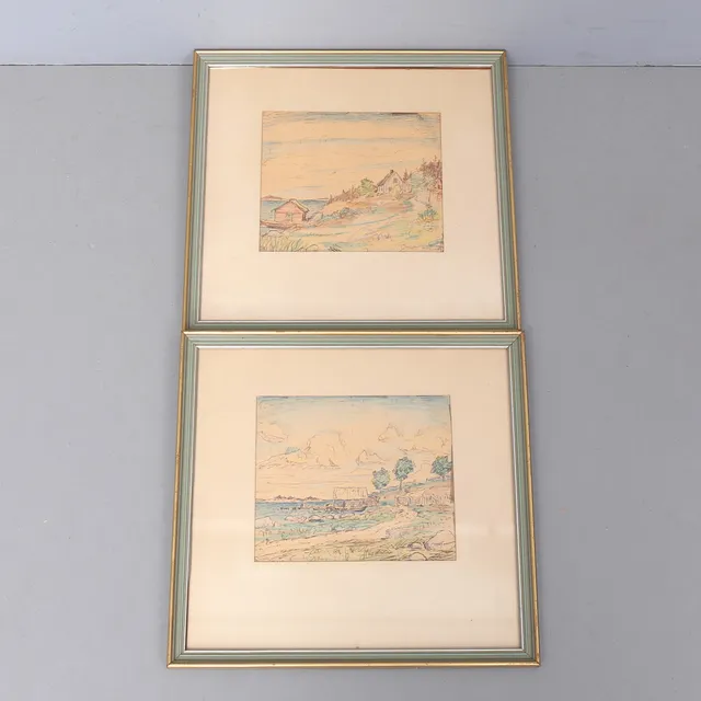 OTTO JANSSON. Blandteknik på papper, 2 st, skärgårdsmotiv, signerade.