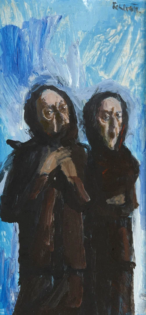 TOM FAHLROTH (1921-1980), Två figurer mot blå bakgrund, signerad ’Fahlroth’, olja, papp-pannå. — Paintings — Crafoord Auktioner Stockholm