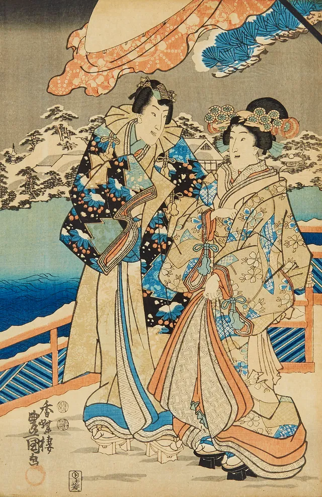 Toyokuni III/Kunisada — Skuespillere i vinterlandskap, 1851