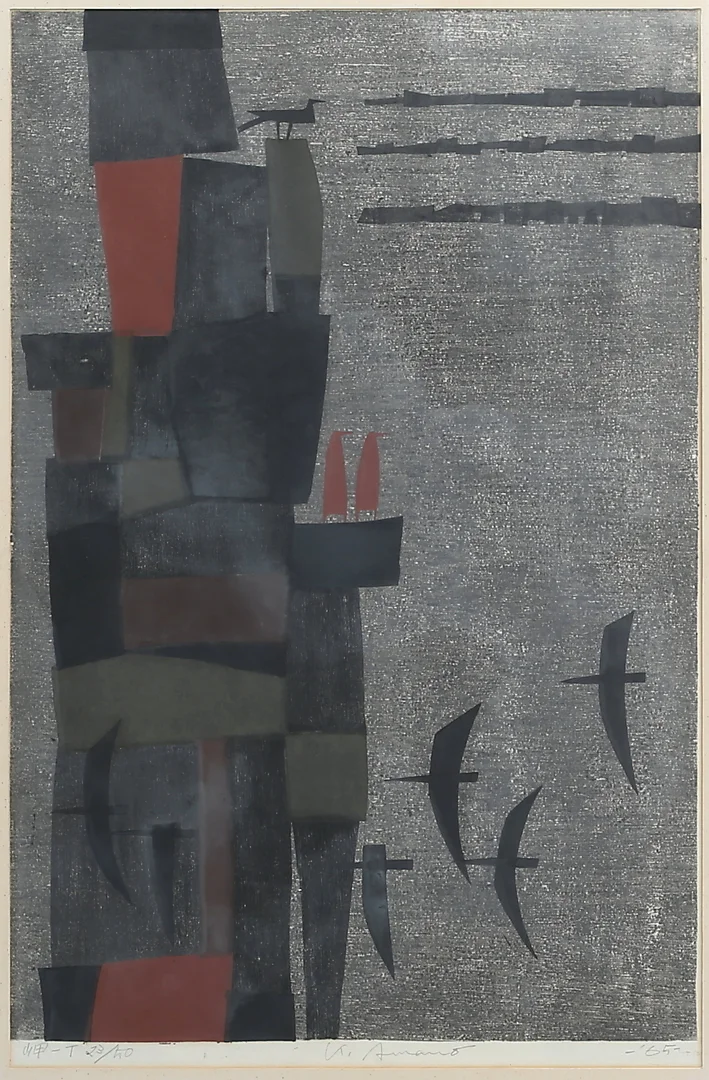 KUNIHIRO AMANO. "Cape-T". Färglitografi, signerad, numrerad 23/50 och daterad -65. — Engravings & Prints — Auktionshuset Thelin & Johansson