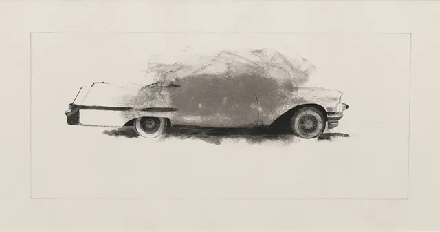 JOHN-ERIK FRANZÉN. Ur serien den "Vita cadillacen", färglitografi nr 48/100, signerad.