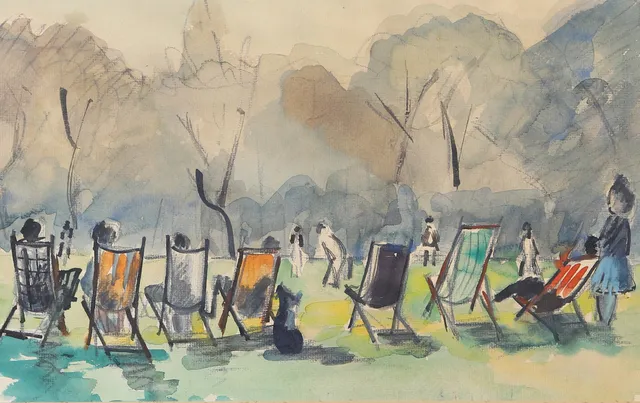 MID-20TH CENTURY ENGLISH SCHOOL, THE CRICKET MATCH, AND A MID-20TH CENTURY FOLIO OF LITHOGRAPHIC PRINTS AFTER 14TH CENTURY ITALIAN PAINTINGS.