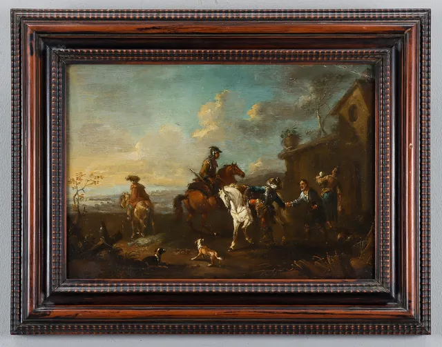PHILIPS WOUWERMAN. HANS EFTERFÖLJARE. Kavallerister vid en bondes stuga, sannolikt 1600-tal.