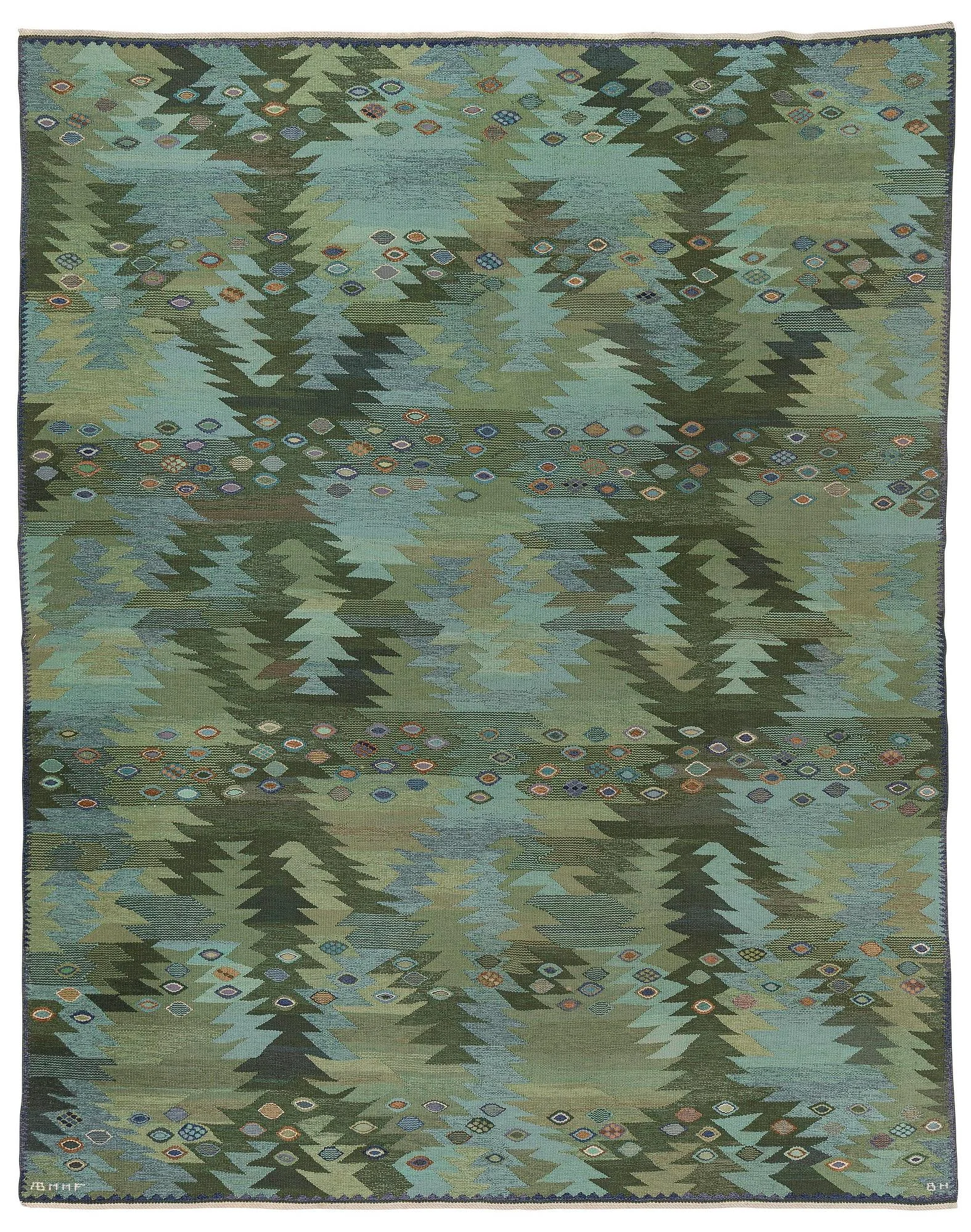 Barbro Nilsson, matta, "Tånga grön" gobelängteknik, 345 x 277, signerad AB MMF BN. — Bukowskis