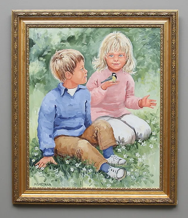 MONICA SMETANA. Barn med talgoxe. Olja på duk. Signerad M.Smetana.