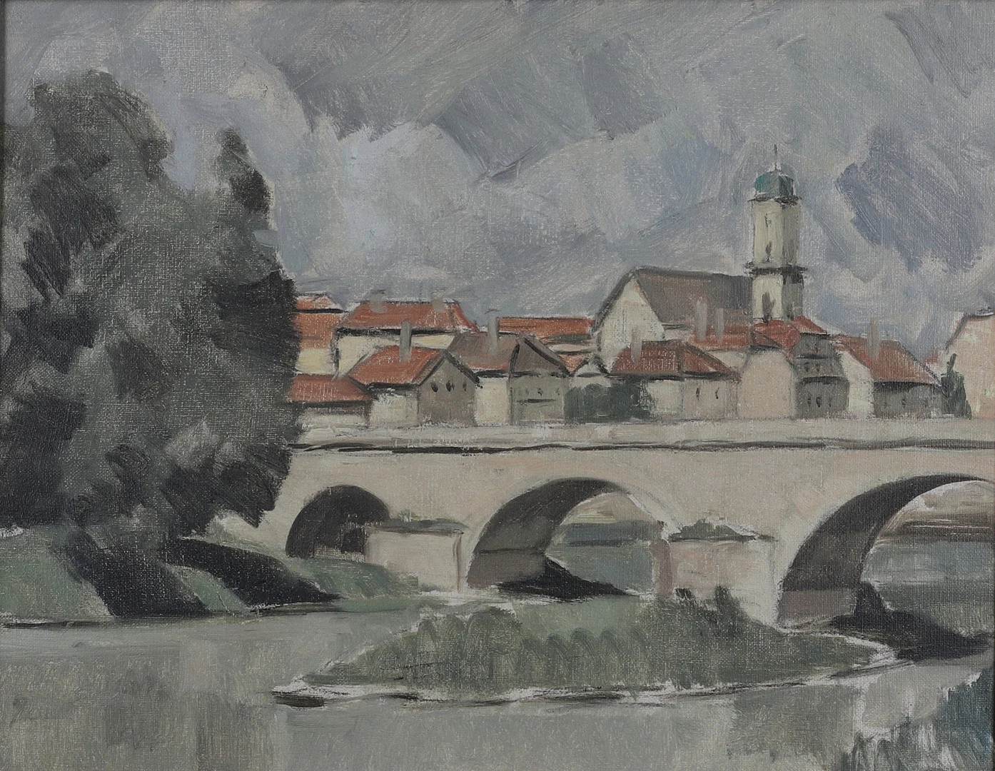 AKKE KUMLIEN. Olja på duk, bro över vattnet, osignerad. — Paintings — Gomér & Andersson Norrköping