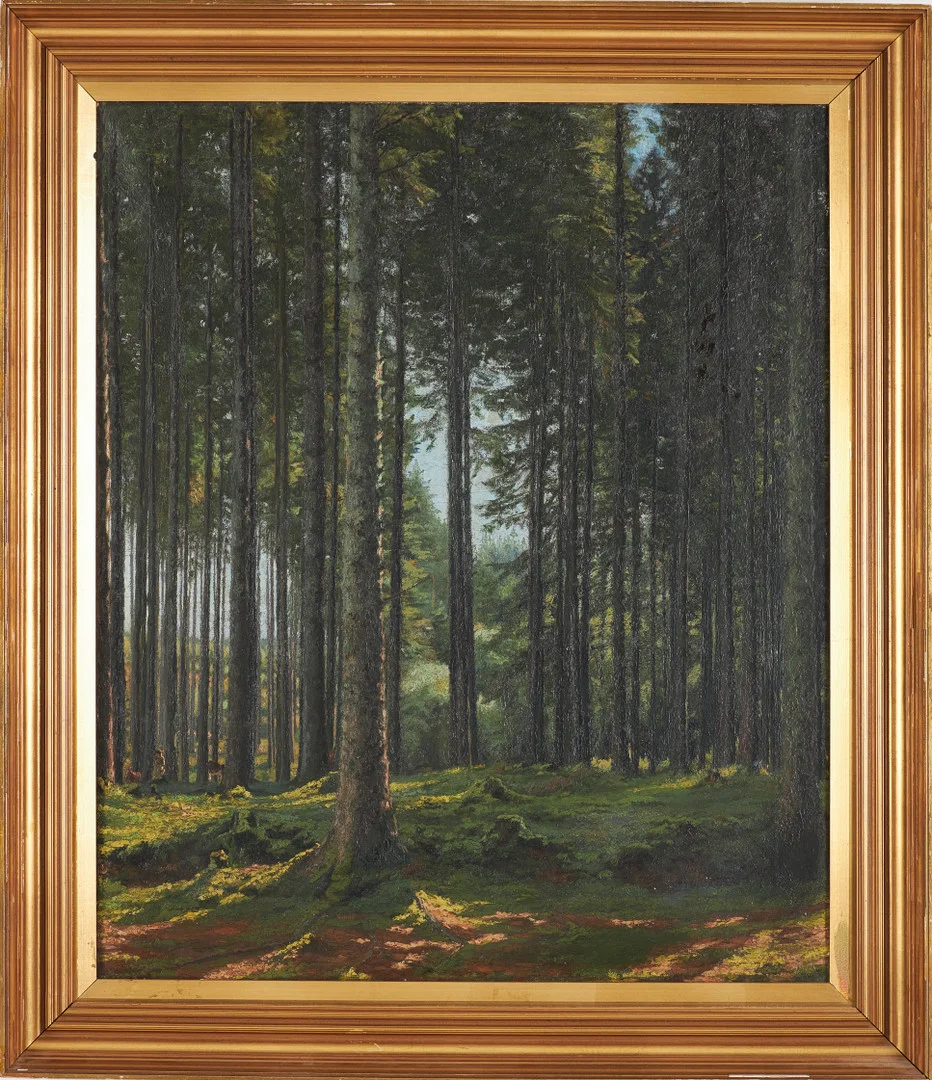 OIDENTIFIERAD KONSTNÄR. Granskog, olja på duk, otydlig signerad. — Paintings — Stockholms Auktionsverk Sickla