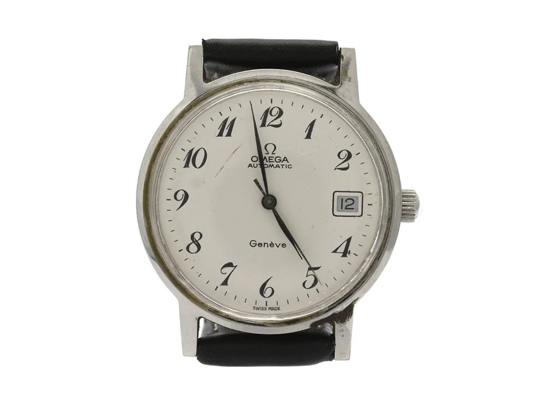 OMEGA, Genève, Cal 1012, Serie nr. 36175164, Ref nr. ST 166.0163, Boett nr. 166.0163, herrur, 35 mm, stål, automatisk, plexiglas, datum, skadad urtavla, läderband, ca 1973, box (skadad). — Klockor/Omega — Kaplans