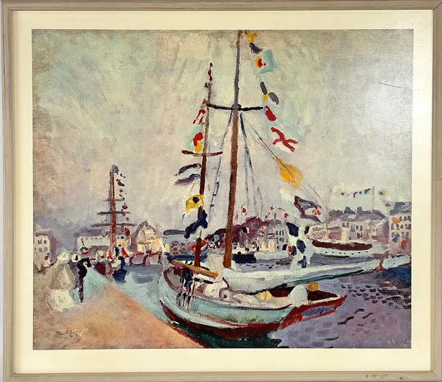 RAOUL DUFY. EFTER. Tryck, Segelfartyg vid kaj, signerad i trycket.