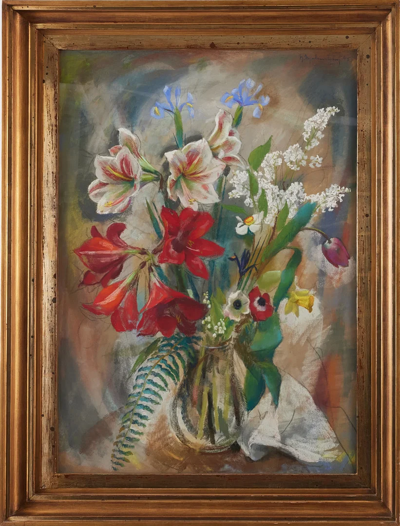 HENNING MALMSTRÖM, (1890-1968). Blomsterbukett med amaryllis, pastell. — Paintings — Stockholms Auktionsverk Magasin 5