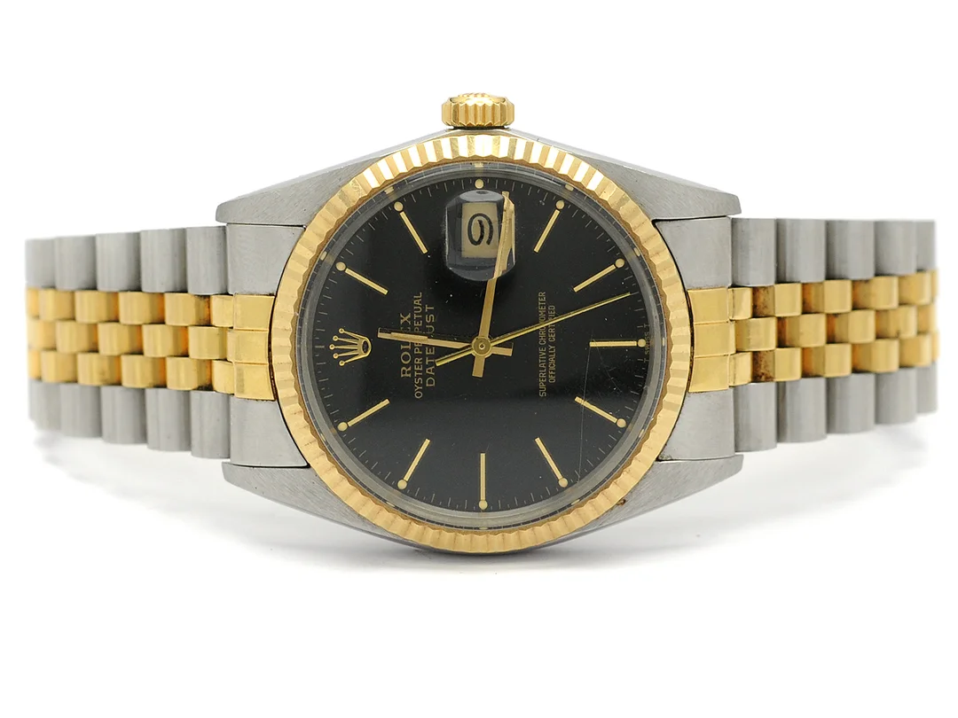 ROLEX, Oyster Perpetual, Datejust, Chronometer, Ref nr. 16013, Serie nr. 7309435, Cal 3035, Verk nr. 0714093, Boett nr. 16000, herrur, 36 mm, stål/guld, automatisk, plexiglas, datum, skadad urtavla, defekt, skadad boett, Jubileelänk, viklås, Ref nr. 62523H-G11/455, ca 1982. — Klockor/Rolex — Kaplans