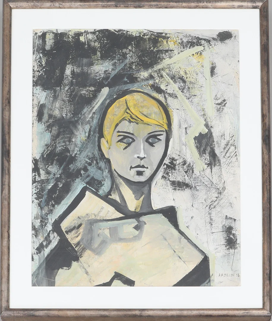ALBIN AMELIN. Gouache, porträtt, signerad samt daterad -56. — Paintings — Södermanlands Auktionsverk