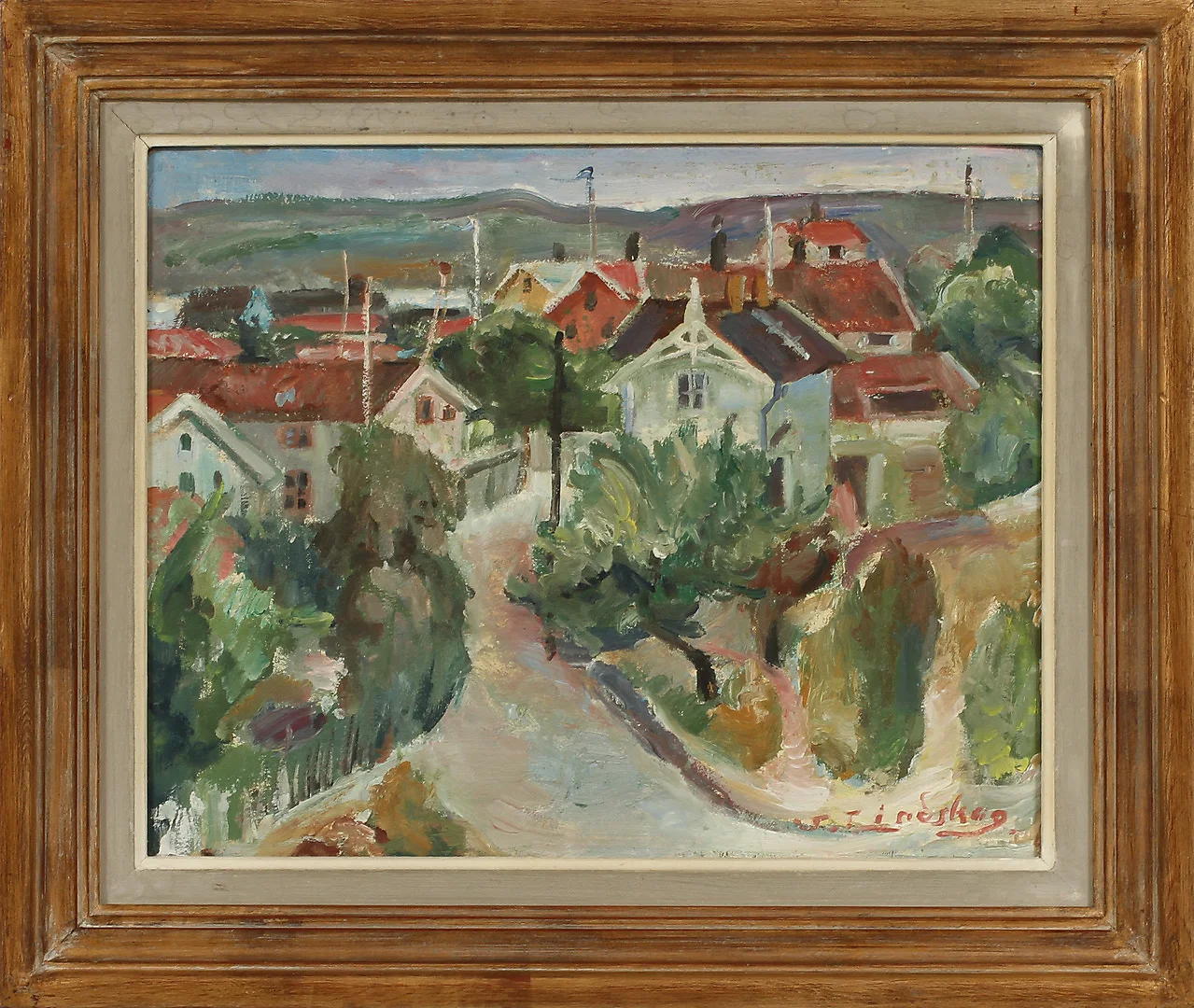 JOSEF LINDSKOG. "Övre varvsgatan, Marstrand", olja på pannå, sign. — Paintings — Göteborgs Auktionsverk