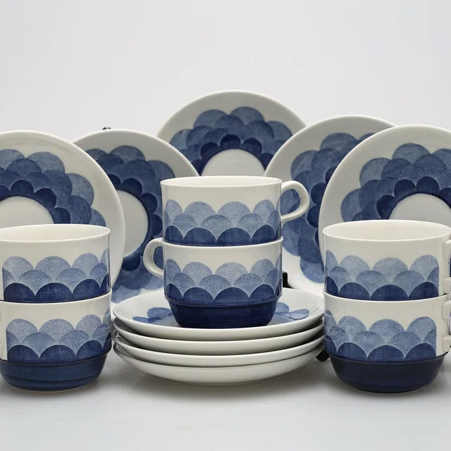 CHRISTINA CAMPBELL. Kaffekoppar, 6 st med 12 fat, "Klunk", Rörstrand, 1970-tal.