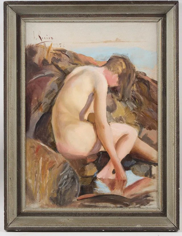 INGRID RUIN. Flicka på strandklippa, signerad samt daterad 1953, olja på duk.
