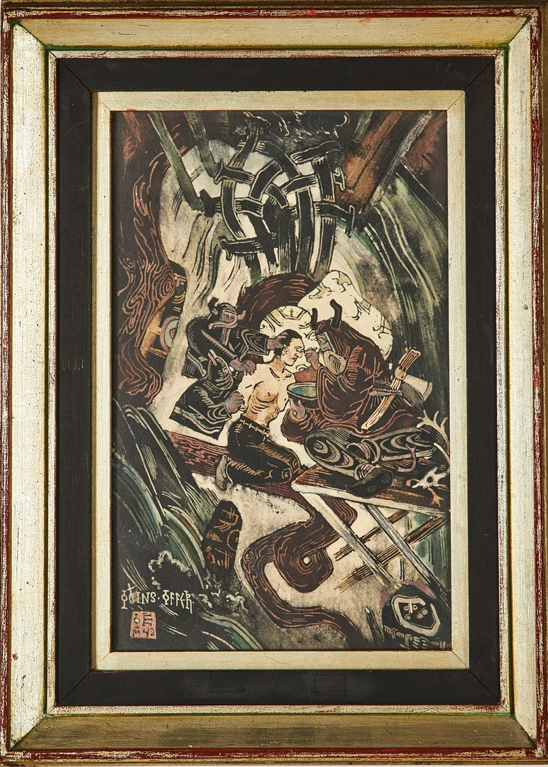 OSSIAN ELGSTRÖM. "Odins Offer II", blandteknik på papper, signerad samt daterad 1942. — Paintings — Stockholms Auktionsverk Sickla