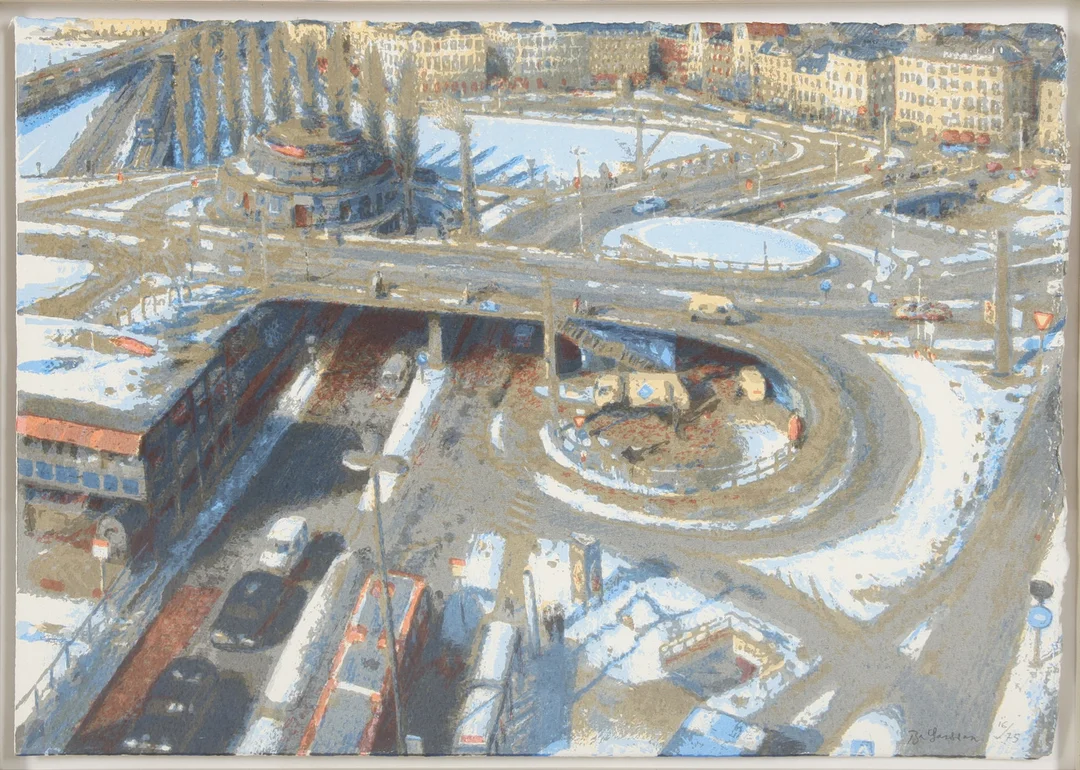 BO LARSSON. f 1945. Färglitografi, Slussen, Stockholm, signerad. — Paintings — Auktionsverket Engelholm
