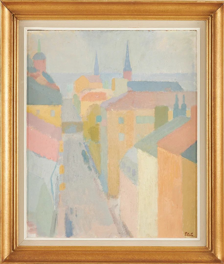 INGVAR ELÉN. Husfasader Stockholm, olja på pannå, signerad. — Paintings — Stockholms Auktionsverk Sickla