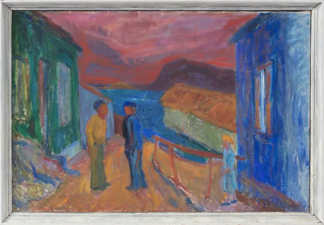 ERNST RÖHLANDER. Figurer vid kustnära hus. Olja på duk, signerad.