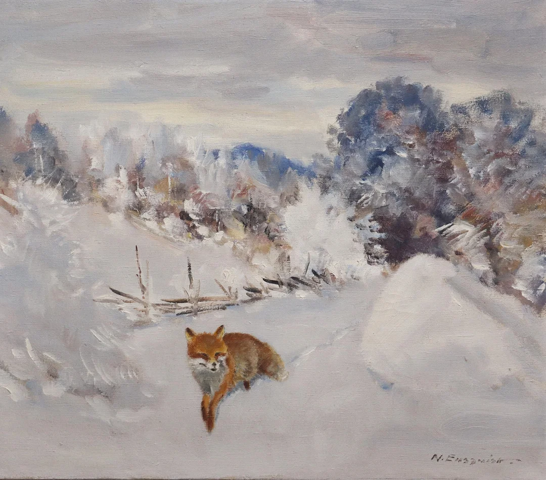 NILS ENGQUIST. olja på duk, "Räv i språng, Frillesås, Halland". — Paintings — Markus Auktioner