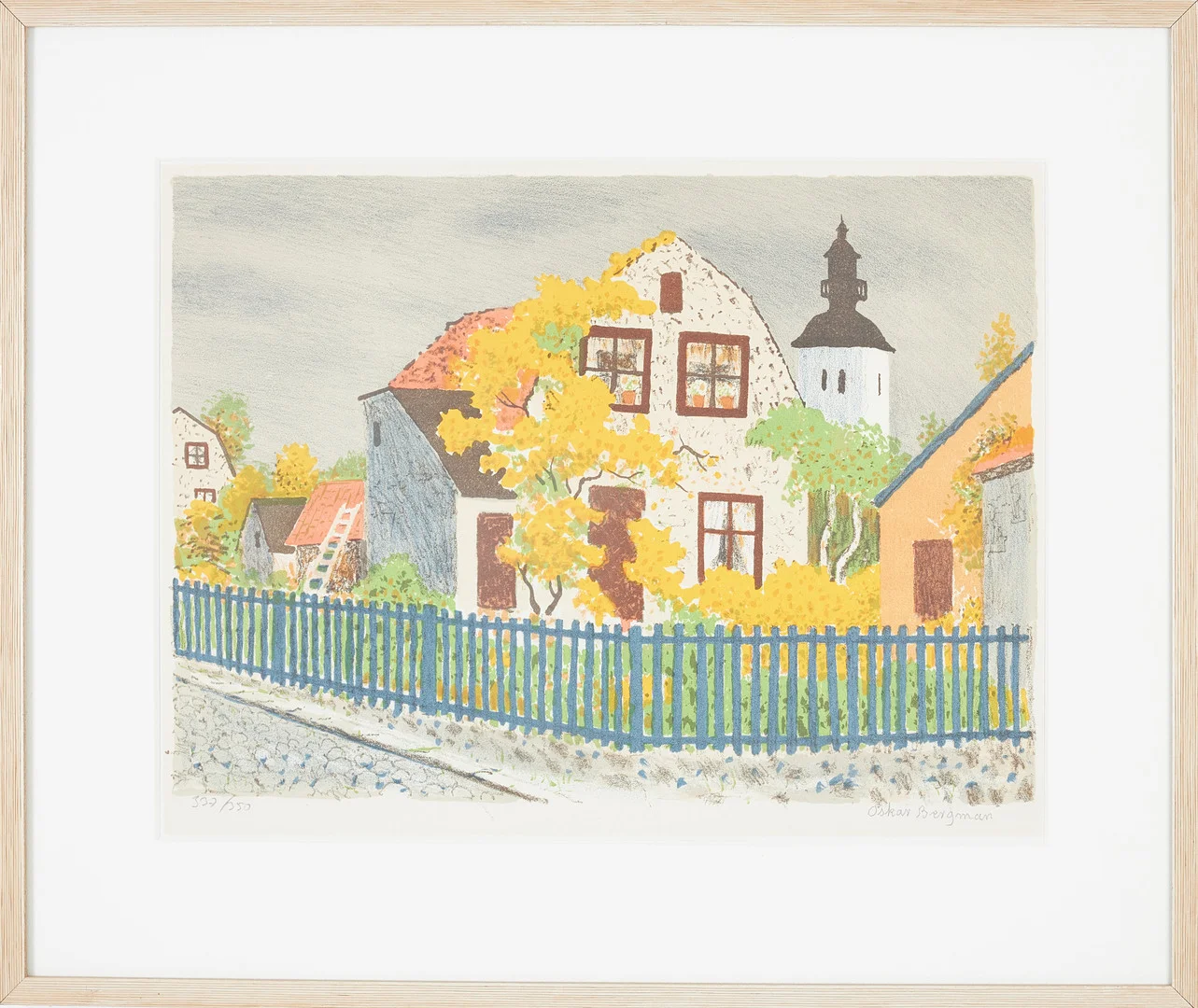 OSKAR BERGMAN. Gatumotiv med hus, signerad och numrerad 3/260. — Engravings & Prints — Stockholms Auktionsverk Sickla
