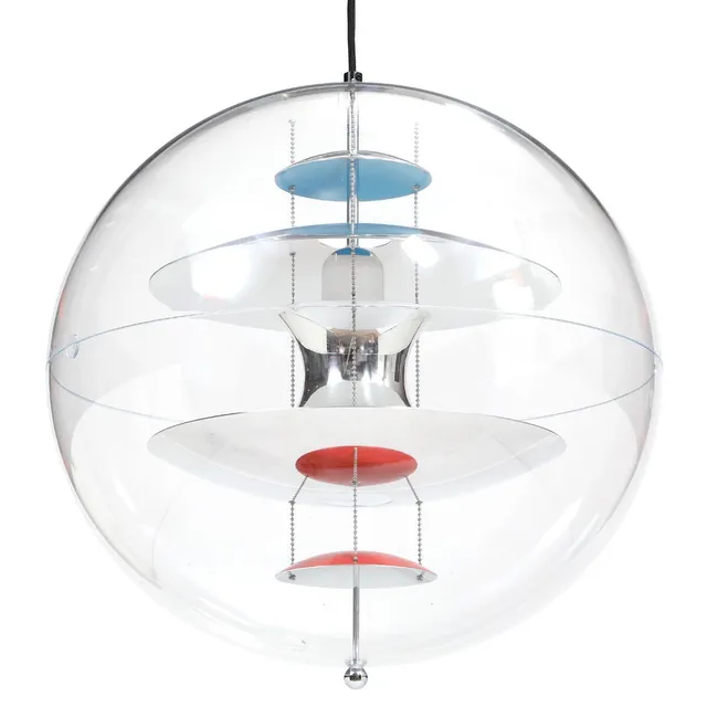 “VP-Globe 50”. Pendant with acrylic shades, inside with red and blue lacquered aluminium shades. Designed 1969. Manufactured and marked by Frandsen Lighting. Diam. 50 cm.