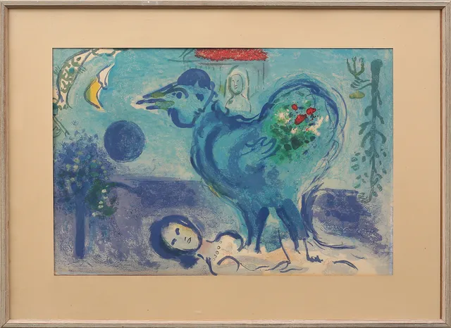 MARC CHAGALL. "Paysage au coq", färglitografi, osignerad.