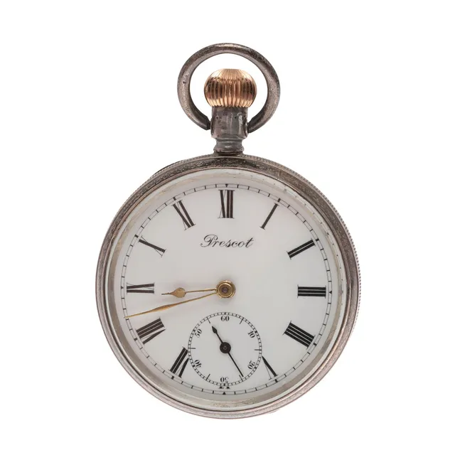 A SILVER OPEN FACE POCKET WATCH BY PRESCOT.