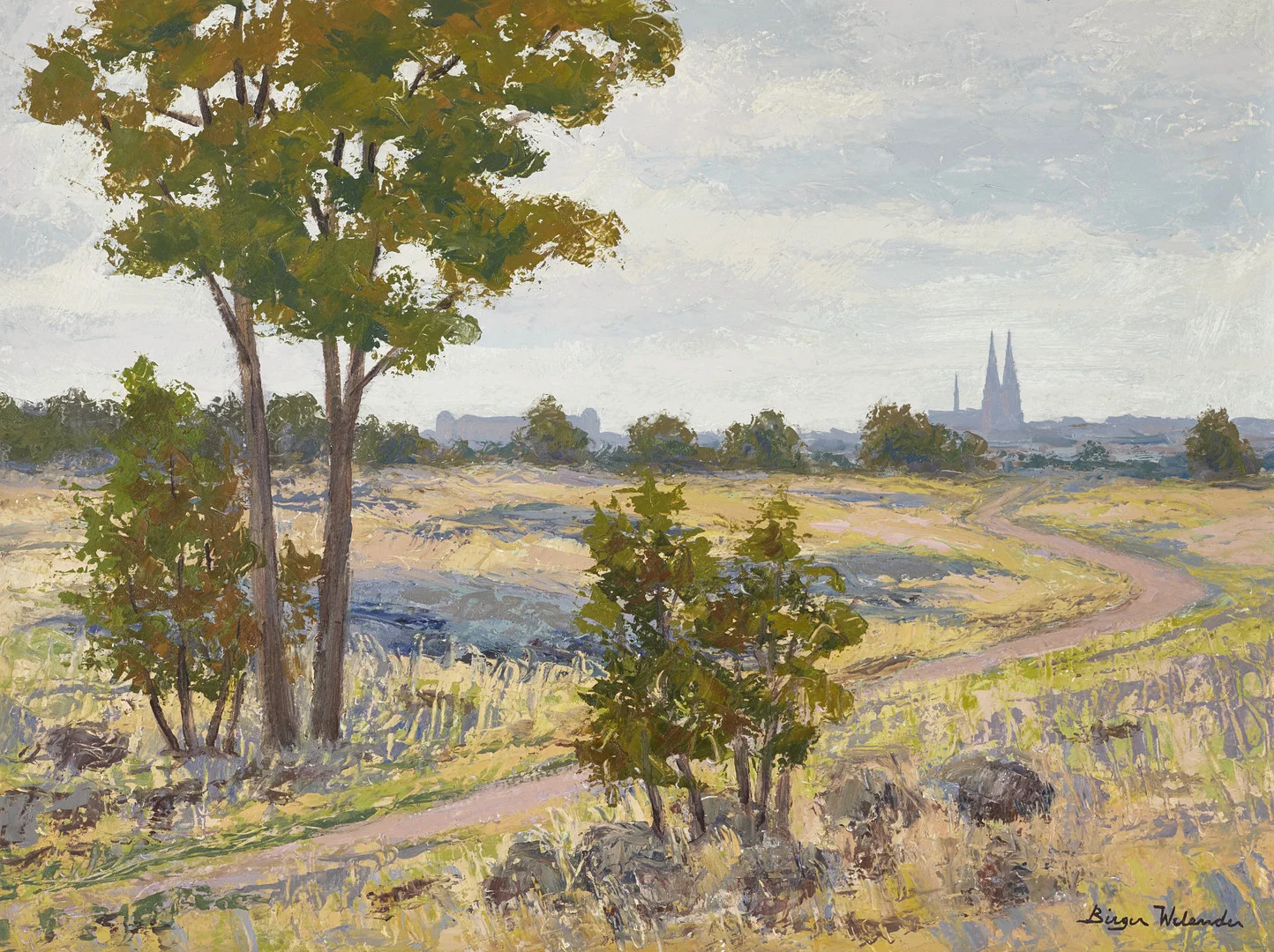 BIRGER WELANDER (1916–1985). Vy mot Uppsala, signerad, olja på pannå. — Paintings — Crafoord Auktioner Stockholm