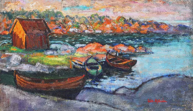 WILHELM SJÖHOLM. Oljemålning, sjöbod med båtar, signerad, duk.