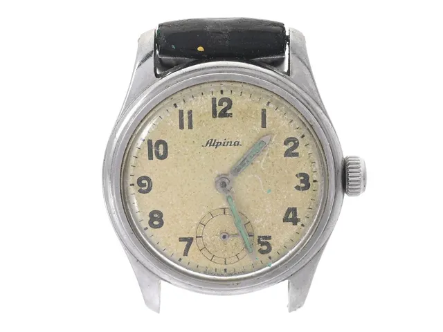 ALPINA, herrur, 32 mm, Boett nr. 221380, stål, manuell, plexiglas, liten sekundvisare, skadad urtavla/visare, ca 1950.
