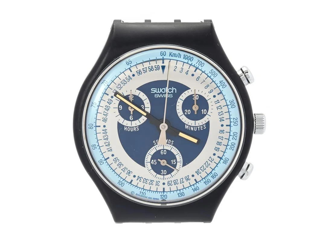 SWATCH, Chrono, Silver Star, Ref nr. SCN102, kronograf, herrur, 38 mm, plast, quartz, plexiglas, integrerat läderband, originalspänne, ca 1992, etui. — Klockor/Swatch — Kaplans