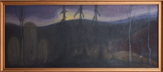 MARIA FRÖBERG (1886-1962). "Ödemarkskväll", blandteknik på pannå, signerad.