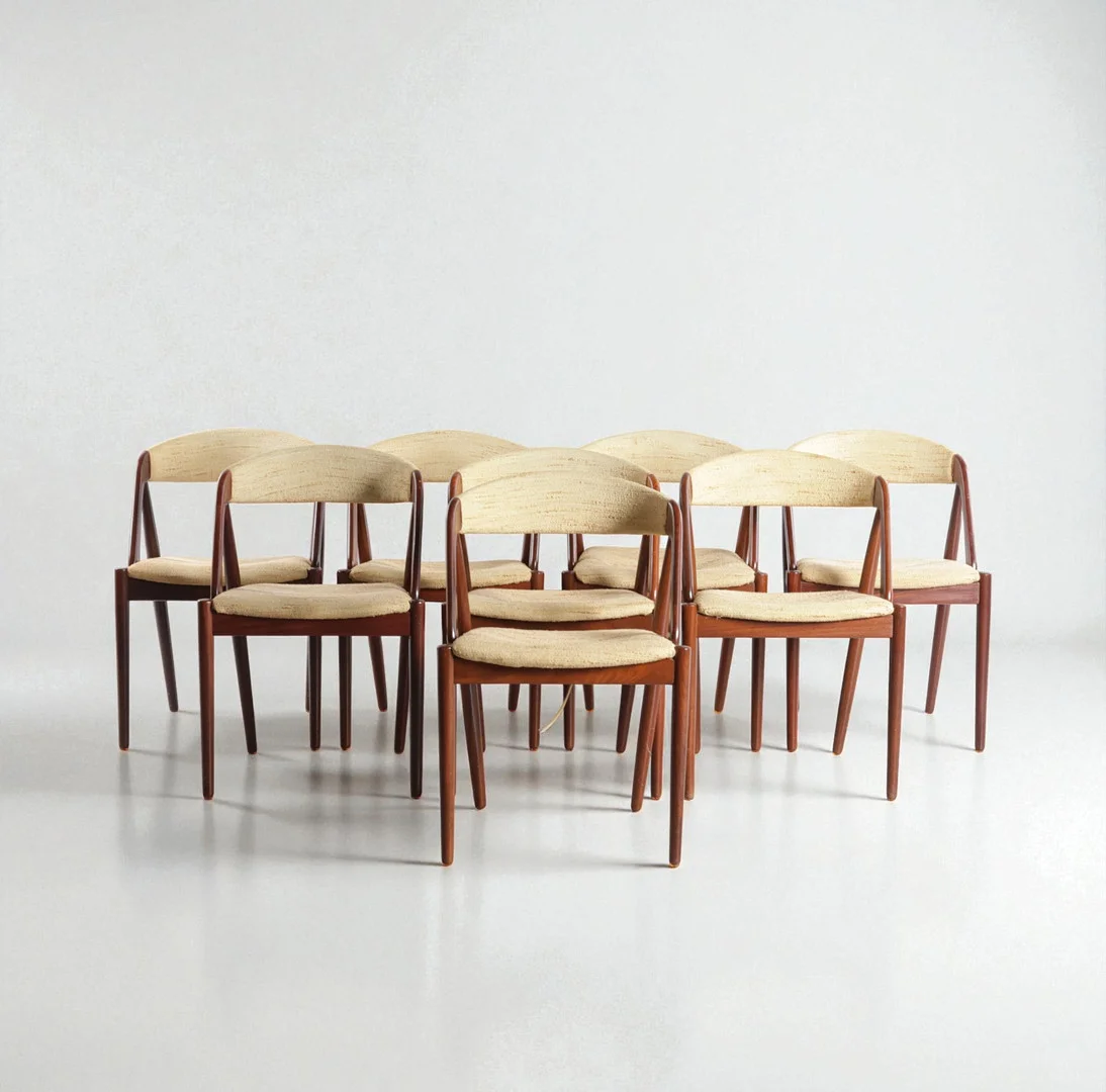 KAI KRISTIANSEN. Sæt på otte spisestole med stel af teak, kopstykke og sæde betrukket med uld. Formgivet i 1956. Fremstillet hos Schou Andersen Møbelfabrik, model '31' (8). — Armchairs & Chairs — Woxholt Auktioner