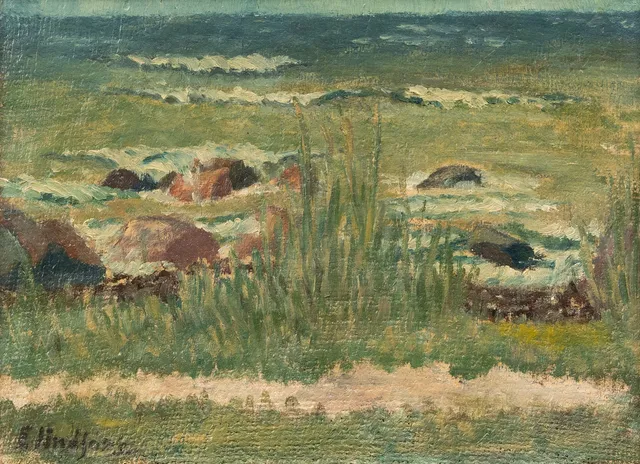 EVERT LINDFORS. Strandmotiv, olja på duk, signerad.