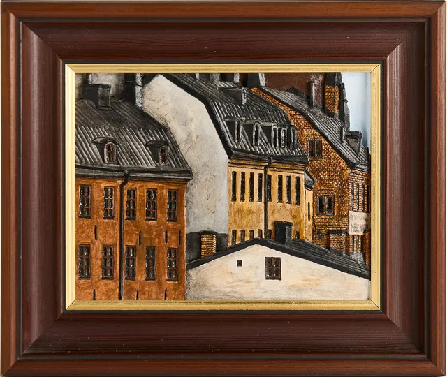 SVEN TELJARE ERIKSSON (F. 1932). Motiv från Södermälarstrand - Stockhol, signerad, skuren och bemålad trärelief.