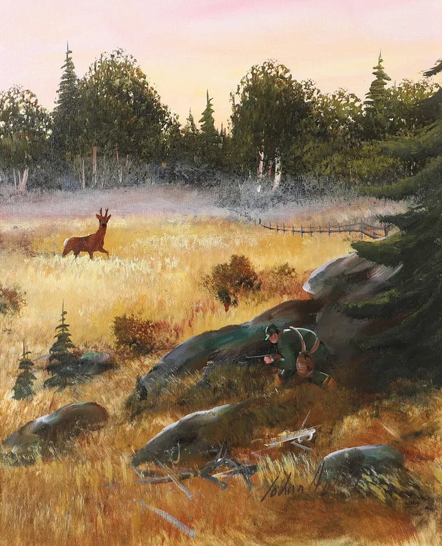JOHAN ARVALL. Landskap med jägare, olja på duk, signerad.