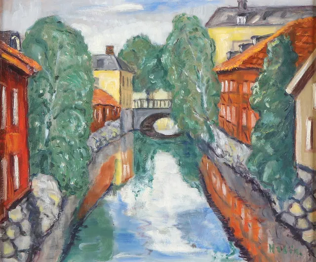 REUBEN HEDIN. Oljemålning på pannå. Stadslandskap med kanal. Signerad.