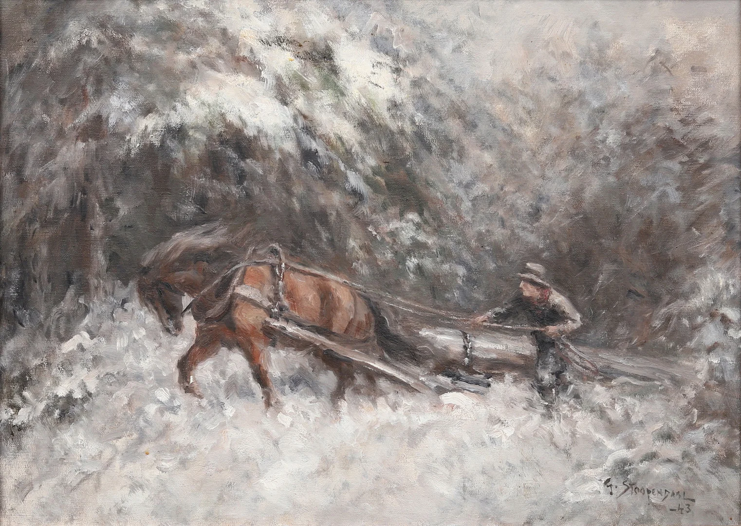 GEORG STOOPENDAAL. Skogsarbetare med häst, olja på duk, signerad. — Paintings — Garpenhus Auktioner