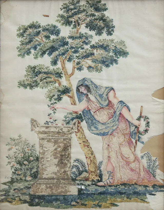 SIDENBRODERI, kvinnogestalt invid brunn, monogramsignerad samt daterad 1817.