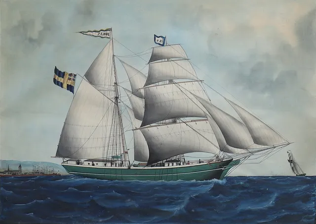 LARS PETTER SJÖSTRÖM. Skeppsporträtt, den tvåmastade skonaren "Johan" från Landskrona, gouache, signerad 1868.