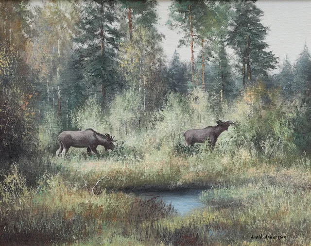 ARVID ANDERSSON. olja på duk, älgar, signerad.
