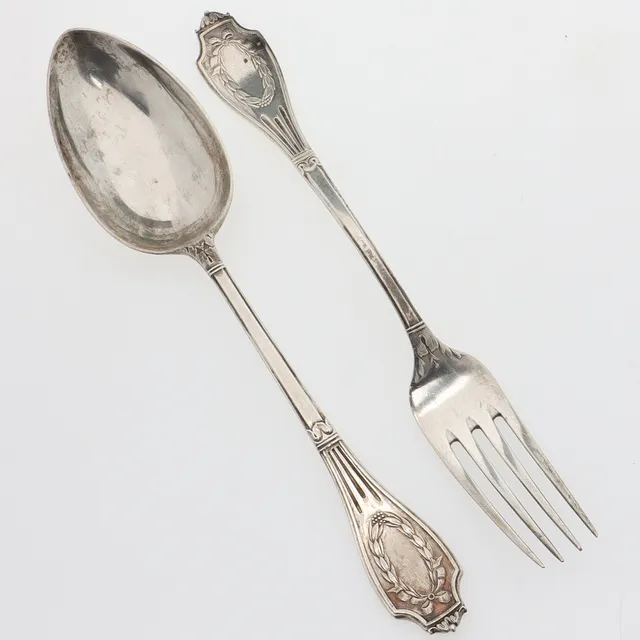 UPPLÄGGNINGSBESTICK, silver, gaffel och sked, modell LOUIS XVI, GAB Stockholm, 1905.
