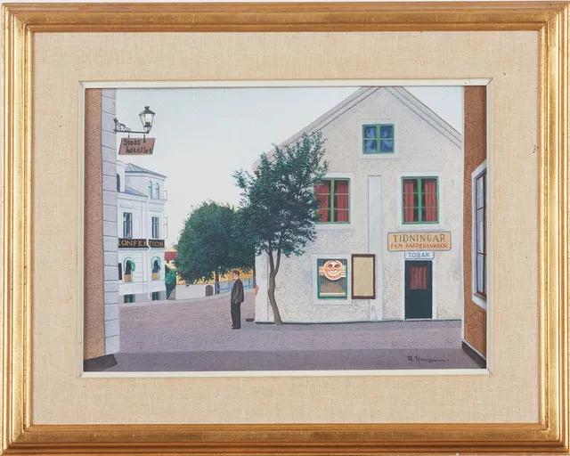 REINHOLD LJUNGGREN. Stadsmotiv från Trosa, gouache, signerad R. Ljunggren.