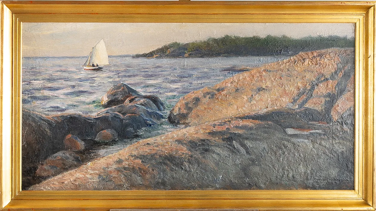 JOHAN TIRÉN. TILLSKRIVEN. Kustlandskap, olja på duk, fodrad på pannå. — Paintings — Stockholms Auktionsverk Helsingborg