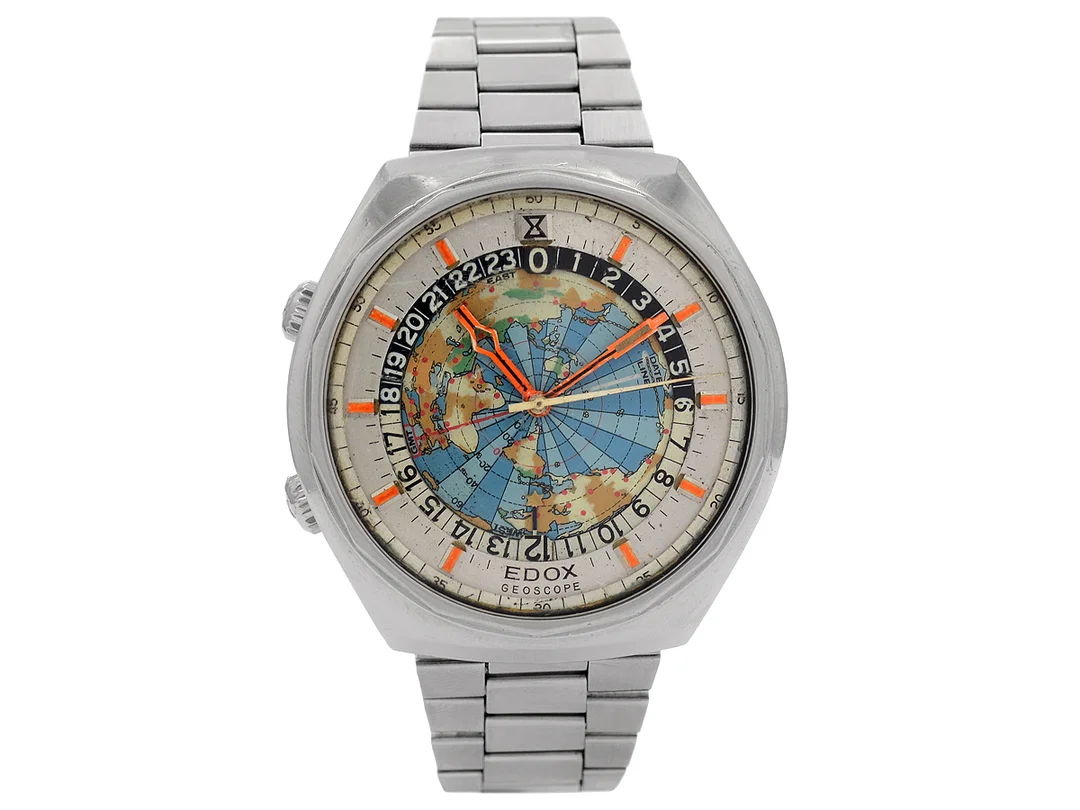 EDOX, Geoscope 48, Cal ETA 2774, Ref nr. 200171, Boett nr. 7933/66 / 11685/66 / 4678/67, herrur, 48 mm, stål, automatisk, mineralglas, världstidvisning, defekt, originallänk, viklås, ca 1972. — Klockor/Edox — Kaplans