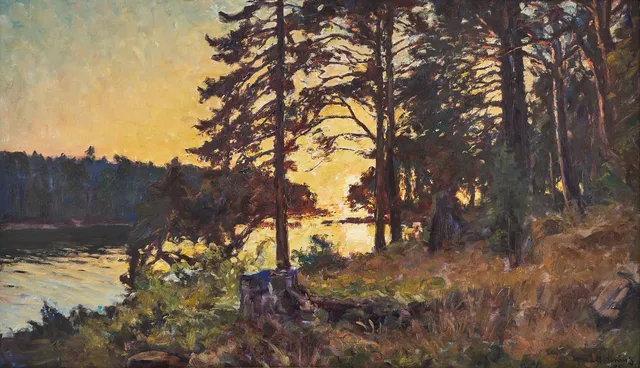 GOTTFRID KALLSTENIUS. Motiv från Djupsundet i solnedgång.